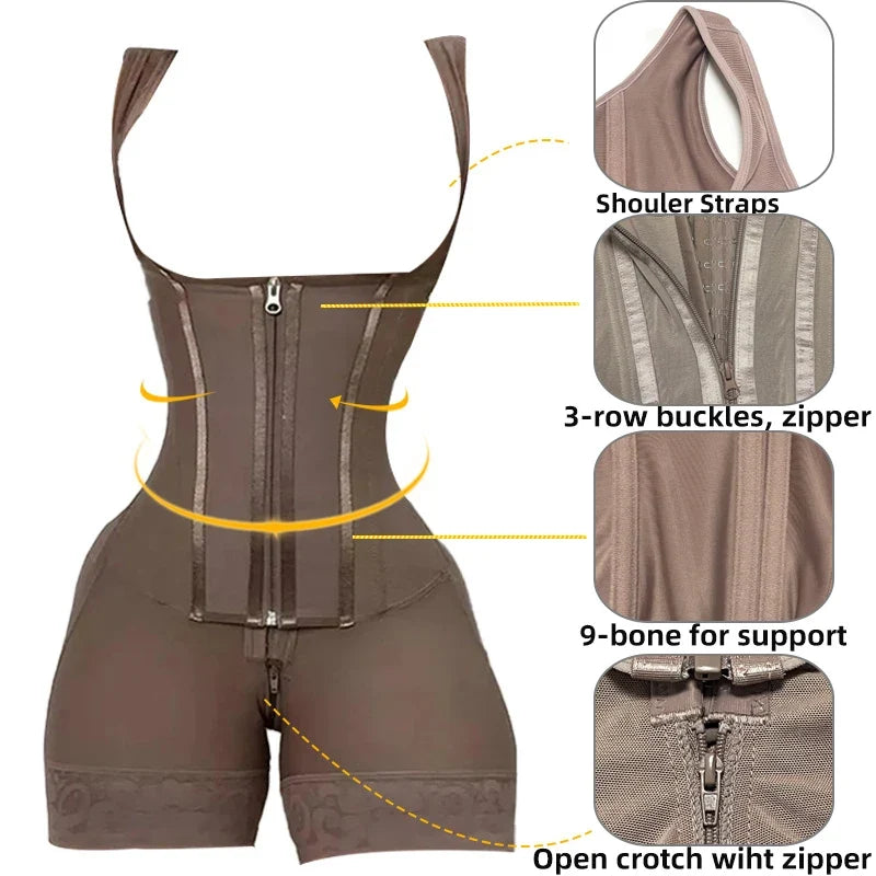 Fajas Shapewear Bodysuit Body Shaper Women 9-bone High Compression Girdles Double Tummy Control Full Body Open Crotch