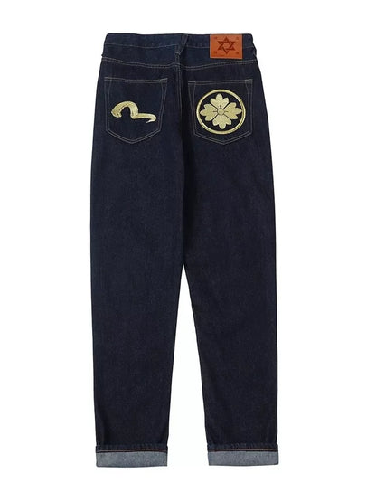 Japanese Handmade Embroidered Jeans Men's Pure Cotton Straight Tube Hip-Hop Popular Slim Red Ears Show Thin Trousers Devil