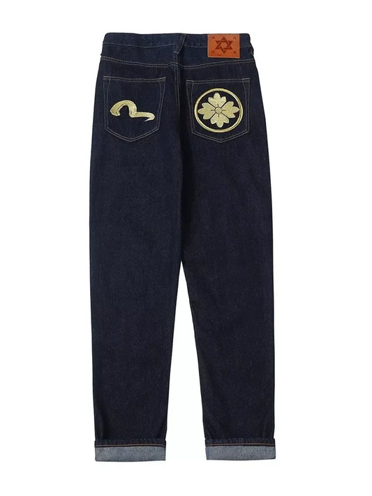 Japanese Handmade Embroidered Jeans Men's Pure Cotton Straight Tube Hip-Hop Popular Slim Red Ears Show Thin Trousers Devil