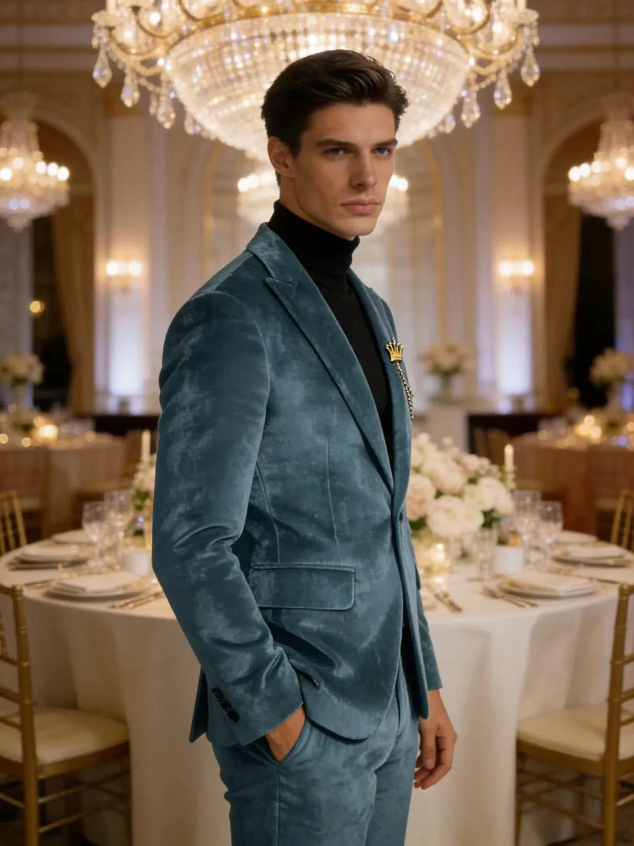 Men's Teal Velvet Blazer 1 Button Single Breasted Slim Fit Formal Wedding Party Suit Jacket