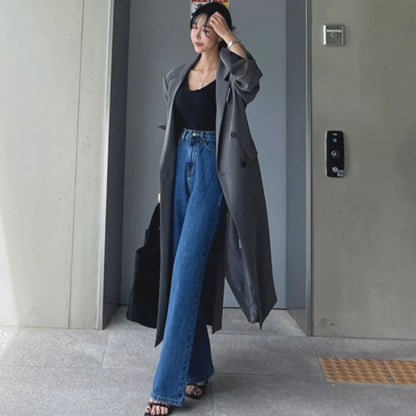 Retro High Waist Straight Leg Blue Jeans Women's Autumn Spring Season Versatile Loose Fit Long Pants Ladies Premium Denim