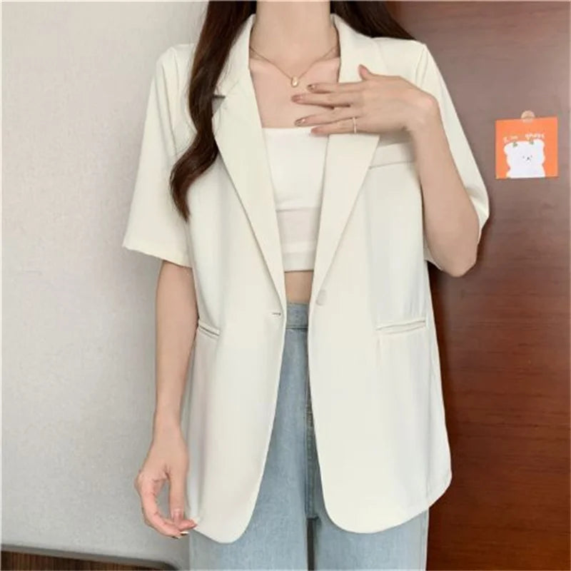 2026 Female Short Sleeved Suit Coat Women Summer Loose Fitting Solid Color Blazer Jacket Ladies Korean Leisure Tops Outerwear