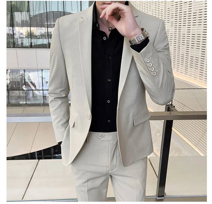 Men's Stylish Handsome Solid Color Suit Two-Piece Set M-4XL High Quality Formal Casual Banquet Fit Trousers Included