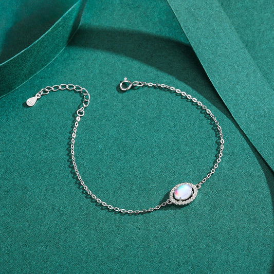 Véritable Bracelet Chaîne Élégant en Argent Sterling 925 de Luxe avec Pierre de Lune Naturelle Ovale pour Femme, Bijou Fin Romantique et Simple