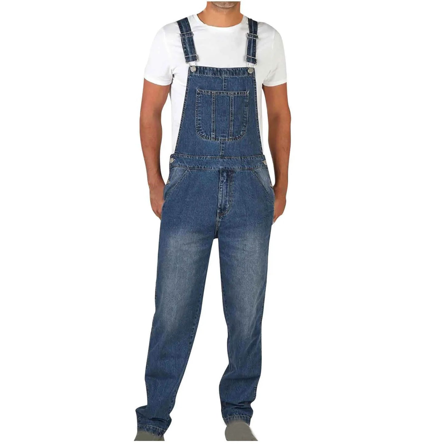 Overalls Jeans Men Ankle Length Jumpsuits Straight Pants Spliced One Piece Pockets Loose Vintage Wash Denim Casual Solid