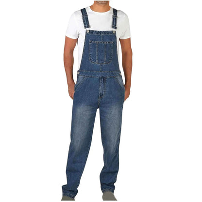 Overalls Jeans Men Ankle Length Jumpsuits Straight Pants Spliced One Piece Pockets Loose Vintage Wash Denim Casual Solid