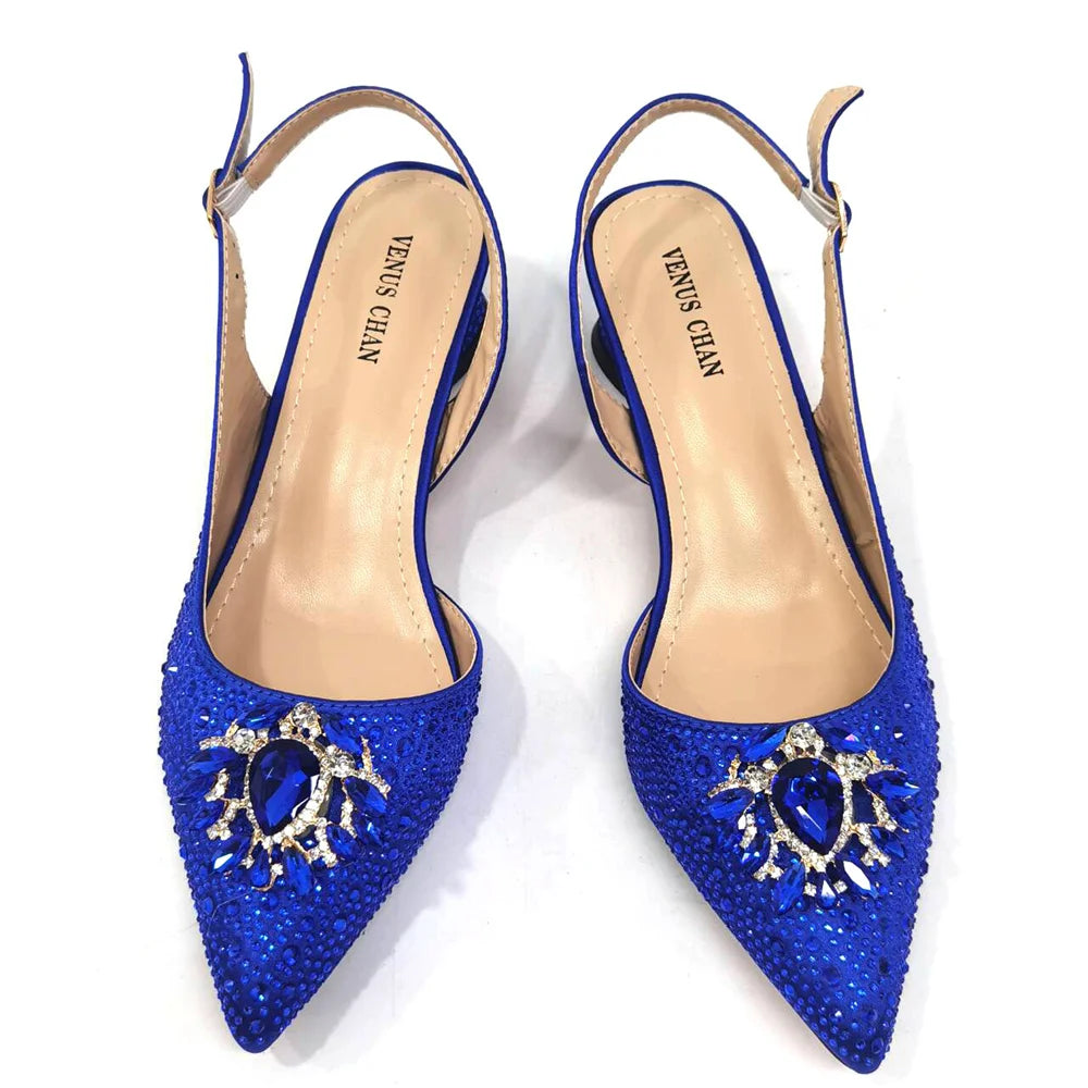 Royal Blue Sandals for Women 2024 Luxury Wedding Pumps Med Heels Rhinestone Design Party Shoes and Bags Set