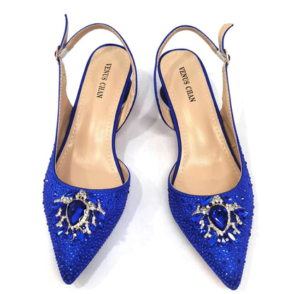 Royal Blue Sandals for Women 2024 Luxury Wedding Pumps Med Heels Rhinestone Design Party Shoes and Bags Set