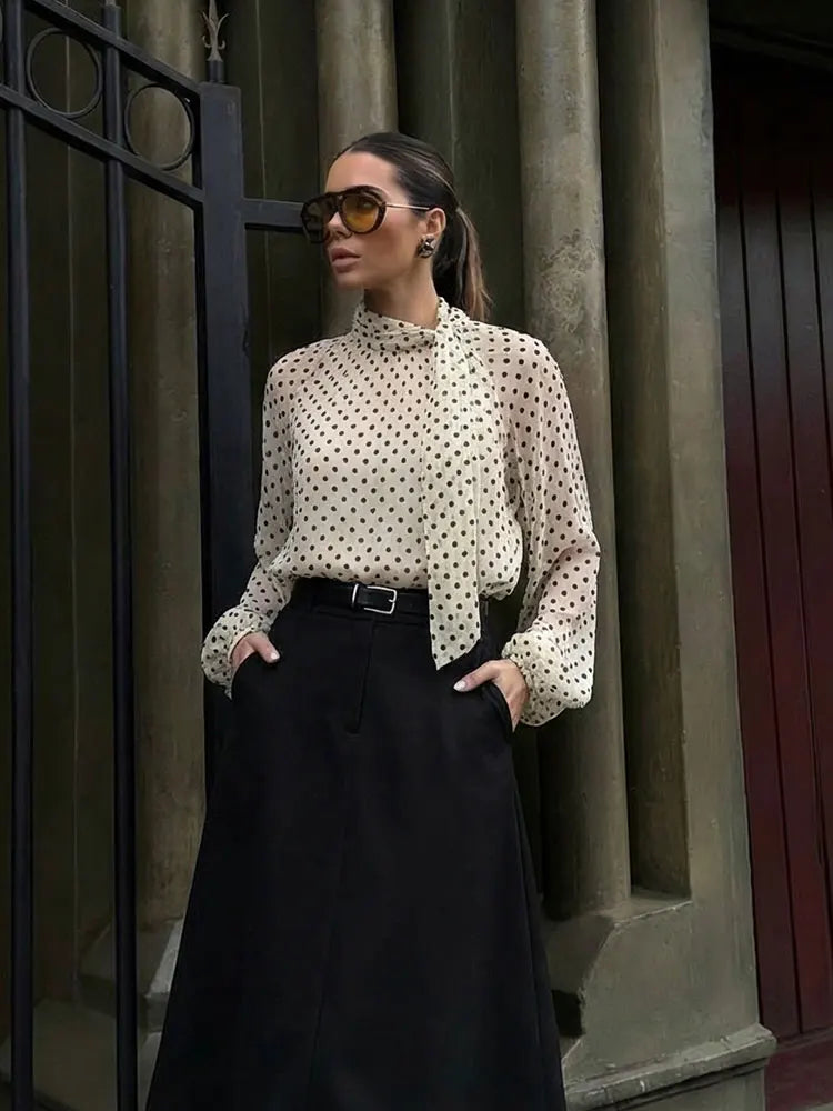 Women 2026 Trend Polka Dot Print Blouse Bow Scarf Collar Long Sleeve Shirt Female Fashion High Street Lady Chic Thin Tops