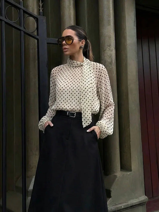 Women 2026 Trend Polka Dot Print Blouse Bow Scarf Collar Long Sleeve Shirt Female Fashion High Street Lady Chic Thin Tops