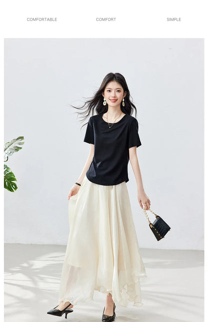 French A-line Shimmer Skirt for Women 2026 Summer New Fashion Irregular Ruffle Hem Elegant Office Maxi Skirt Bottoms 30813