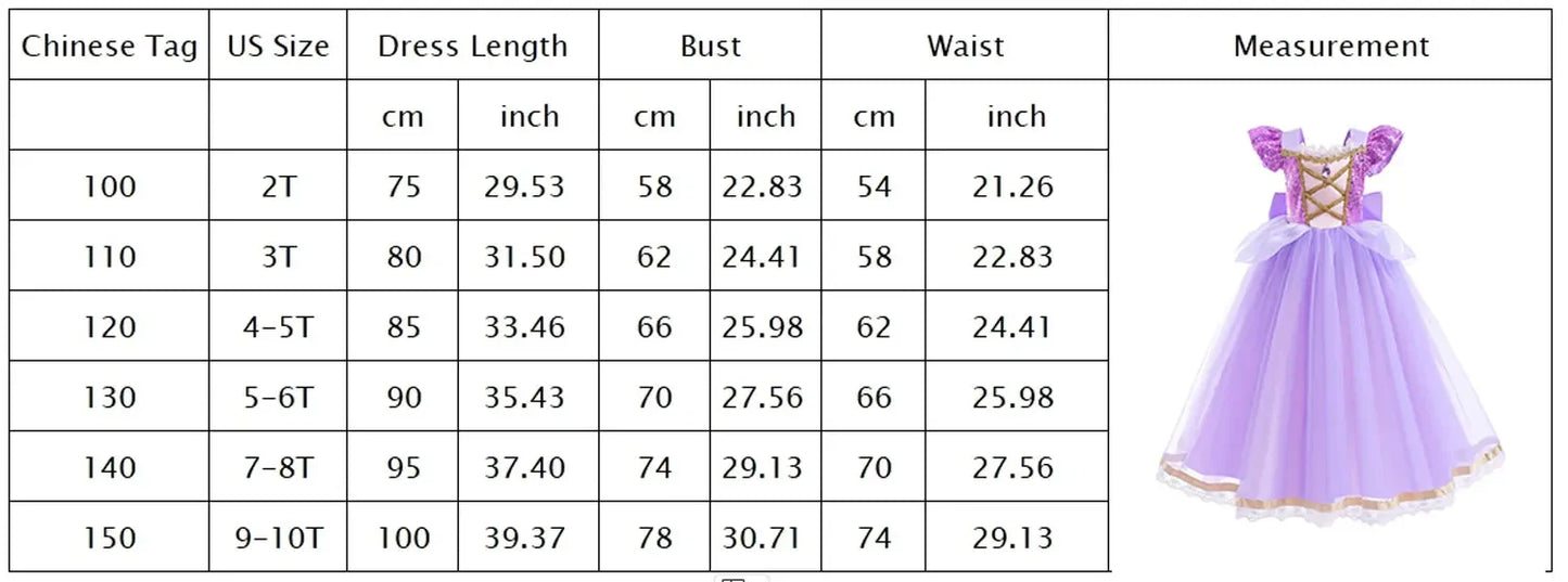 Rapunzel Short Sleeve Purple Puffy Dress + Accessories Girls Cosplay Rapunzel Summer Casual Dress Birthday Party Gift
