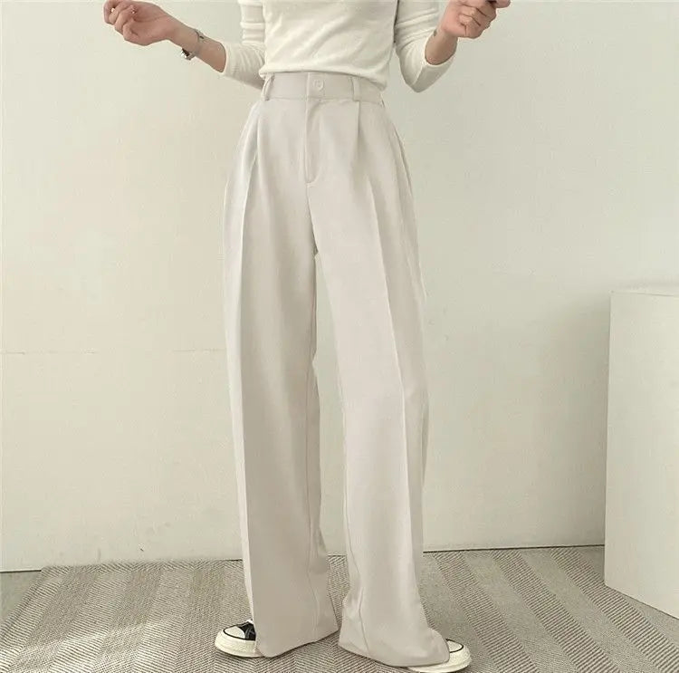 Casual Notch Lapel Suit Set with Button Thick Wide Leg Small Suit Pants High Waist Drape Polyester Business Lady Style Women