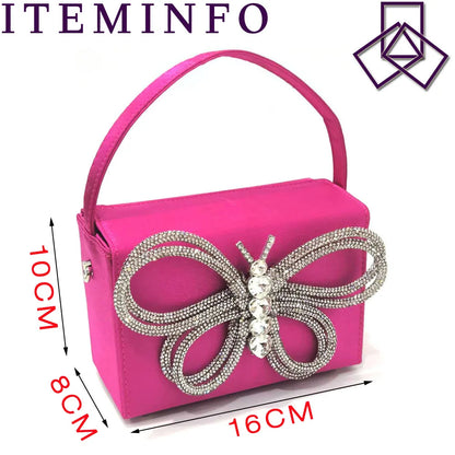 2023 Ladies Pointed-Toe Party High Heels Magenta Colour Bow Rhinestone Stereo Bag Evening  African Wedding Shoe And Bag Set