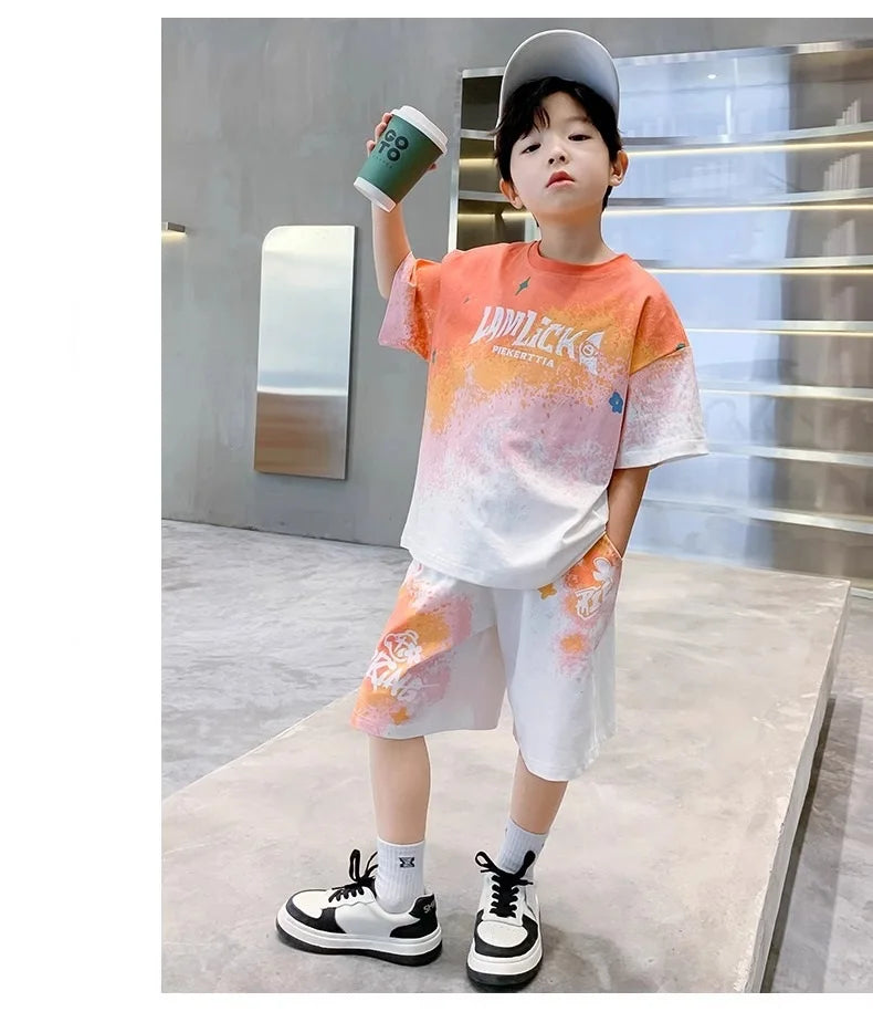 Summer Boys Tie Dye Gradient Alphabet T-Shirt Tops+Shorts Pant Workout Sets School Kids 2PCS Tracksuit Children Outfits 5-16 Yr