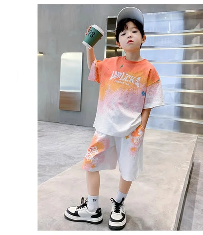 Summer Boys Tie Dye Gradient Alphabet T-Shirt Tops+Shorts Pant Workout Sets School Kids 2PCS Tracksuit Children Outfits 5-16 Yr