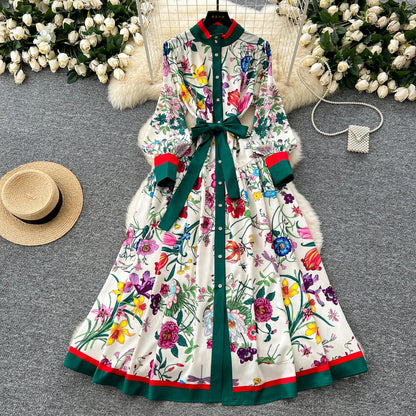 Retro Faion Print Stand Collar Single Button Women's Dr Waist Cinched Floor Length Skirt Korean Sle High Waist Long Sl...