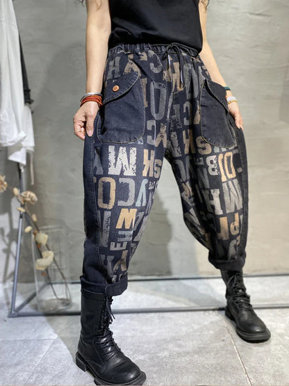 Korean Design Womens Printed Loose Jeans Fall Fashion Letter Elastic Denim Pants Ladies Leisure Punk Harem Trousers