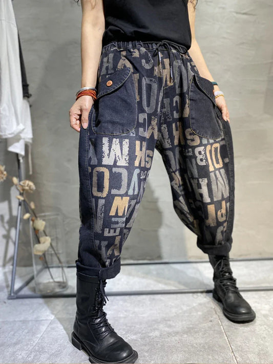 Korean Design Womens Printed Loose Jeans Fall Fashion Letter Elastic Denim Pants Ladies Leisure Punk Harem Trousers