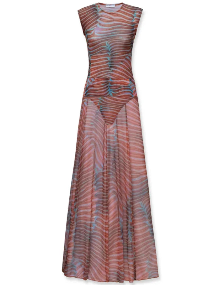 Sexy Boutique See Through Maxi Dress Sets 2 Pieces Printed Slim Fit Top Jumpsuit A Line Long Skirt 2025 Women Top Skirts Outfits