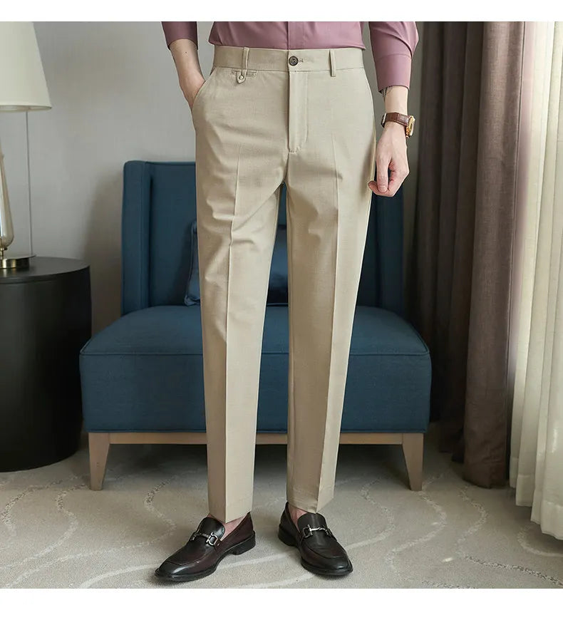 2026 Spring Summer Men's Pants Fashion Solid Color Suit Trousers Male High Waist Slim Fit Pants Men Business Casual Formal Pant