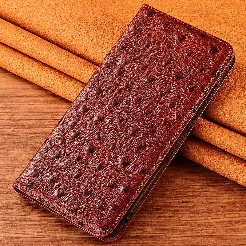 For iPhone 7 8 Plus X XS XR 11 12 13 14 15 16 Pro Mini SE 2020 Max OstrichPoint Genuine Leather Flip Case Wallet Funda Cover