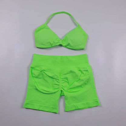 Scrunch Seamless Yoga Set Women Sportswear Ribbed Gym Shorts Strappy Sports Bra 2 Piece Set Halter Workout Clothes Fitness Suit