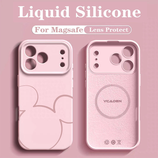 Luxury Liquid MIkey Silicone For Magsafe Phone Case For iPhone 17 Pro 16 15 14 13 12 Pro Max Wireless Charging Skin Smooth Cover