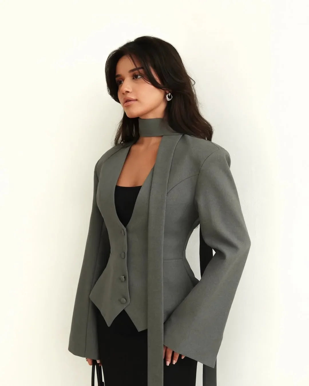 Single Breasted Coat Women's V Neck Scarf With Long Sleeve Waist-Cinching Blazer Jacket Lady Casual Slim Commute Coat