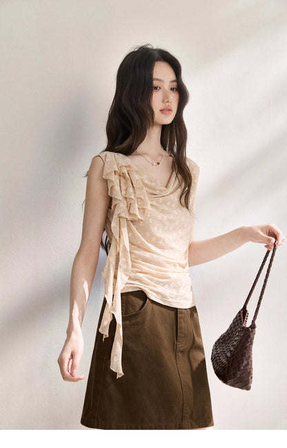French Floral Lace Swing Neck Shirt For Women 2026 Summer New Pleated 3D Floral Ribbon Hazy Elegant Slim Top MXF24X2617