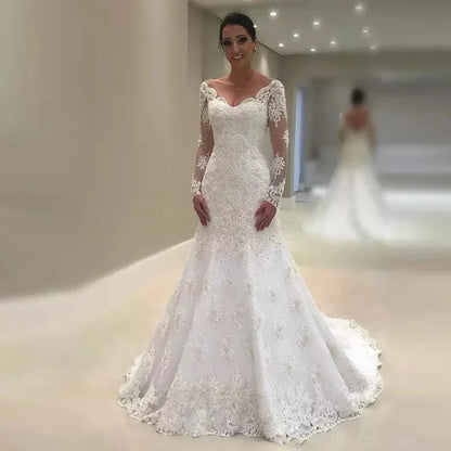 Mermaid Wedding Dress M06 Long Sleeves for Bridal 2020 Vestido De Noiva Summer Lace Beaded Ivory Bridal Gowns trouwjurk