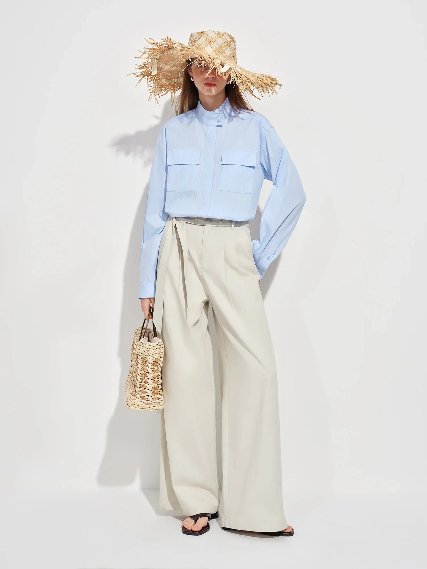 2026 Spring Women's Relaxed Fit Stand Collar Shirt Soft Touch Oversized Blouse White Blue Healing Commute Minimalist Style