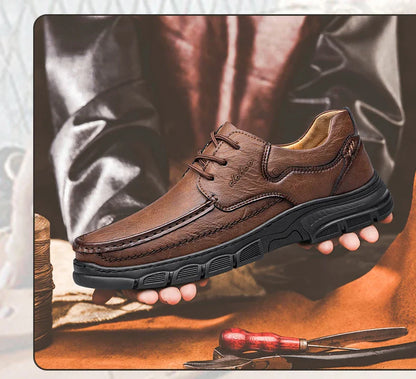 Men's Handmade Thick Rubber Bottom Breathable Casual Leather Shoes Classic Sewn Loafers Comfortable Leisure Footwear