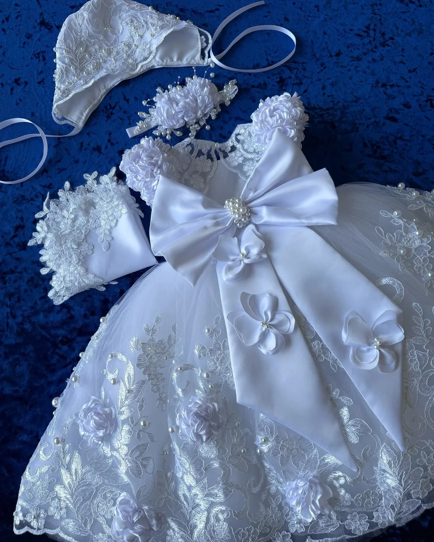 Cute Lace Baptism Christening Gown With Bonnet Outfit Baby Girls White Party Birthday Gown Wedding 3D Flower Girl Dress