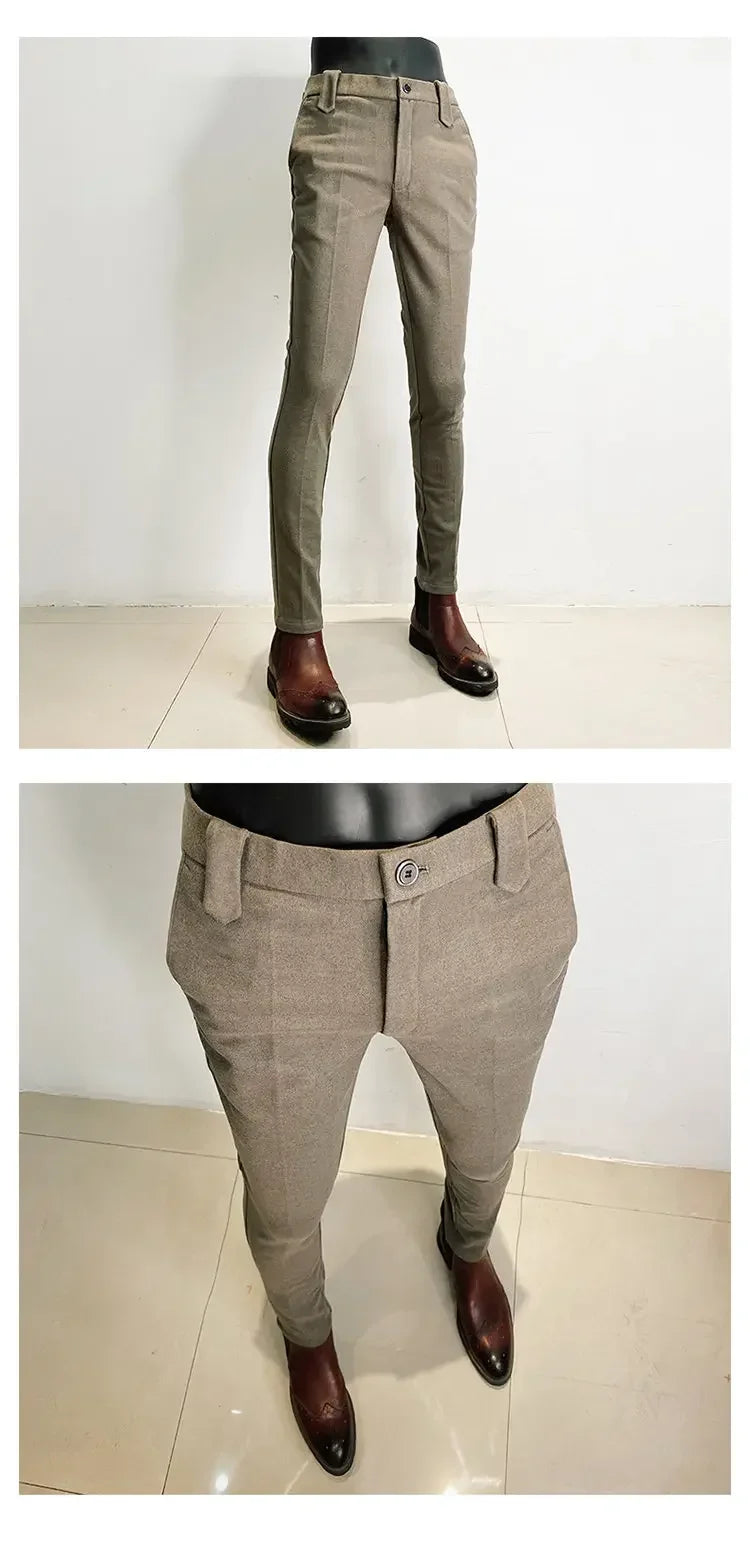 Autumn Winter Thickened Suit Pants Men Casual Slim Fit Straight Trousers Formal Business Woolen Cloth Social Office Dress Pants