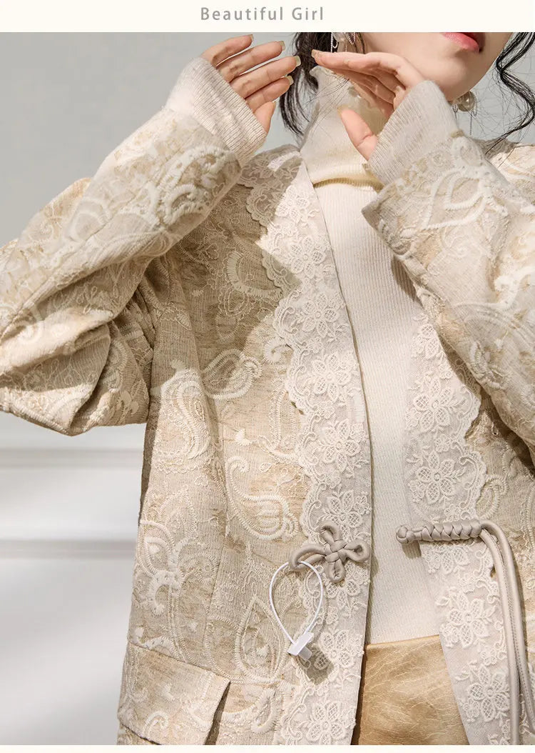 Women's Jacquard Blazer Lace Patchwork Frog Button Jacket Chinese Style Slim Fit Elegant Office Wear Spring Autumn Coat