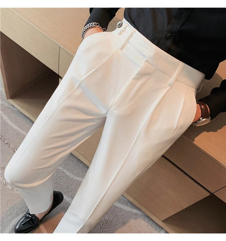Autumn Winter High Quality Solid Casual Pants Men Belt Design Slim Fit Trousers Formal Office Business Social Party Suit Pants