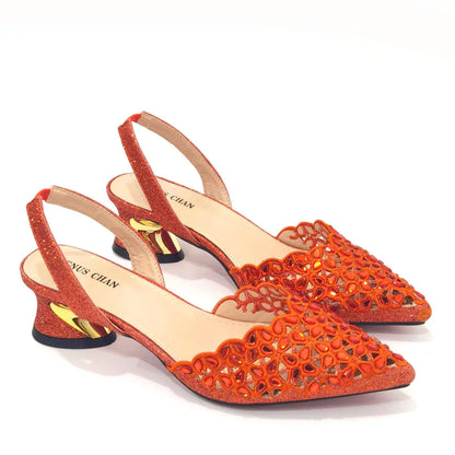 Low Heel Shoes for Women Hollowed Out Embroidery Rhinestone Italian Design Gold Color Pointed-Toe Shoes and Bags Set