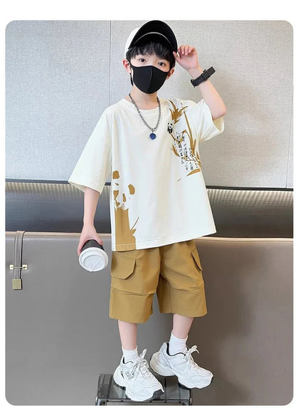 Chinese Style Kids Boy Summer Suit Twopiece Outfit Set With Panda Print T-shirt And Shorts Clothing Set for Children Streetwear