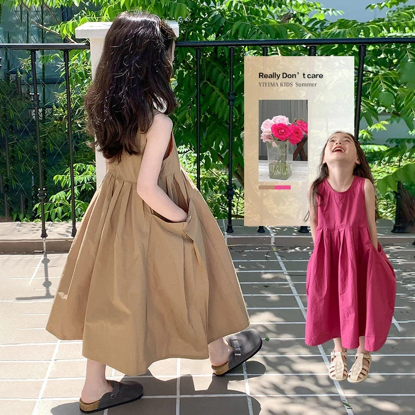 2026 New Summer Children Girls Sleeveless Dress Teen Solid Color Cotton Loose Casual Sundress Kids Vacation Style Princess Dress