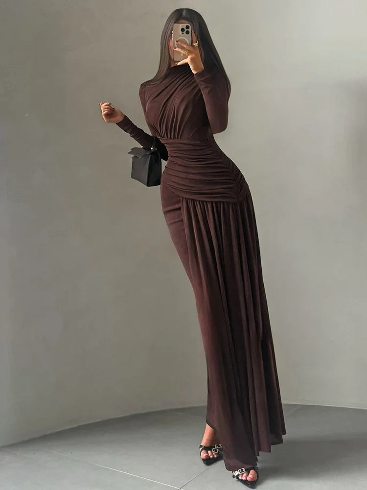 Folds Maxi Dress Women O-Neck Full Sleeve Solid Banquet Elegant Vacation Fashion Autumn Skinny Casual Simple Vestido