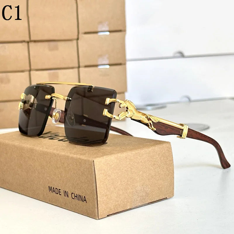 Wood Grain Sunglasses Women Trendy 2024 Rimless Sunglasses Men Vintage Designer Fashion Glasses Lentes De Sol Mujer Zonnebril