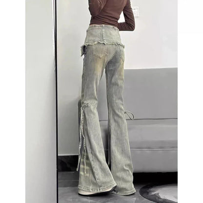 Winter Women Goblin Core Low Waisted Flare Denim Pants Patchwork Japanese Abi Y2k Harajuku Bell-Bottom Skinny Jean Grunge