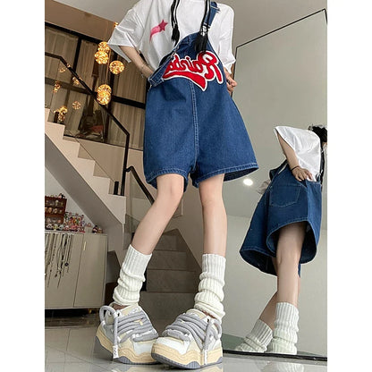 Women Streetwear Kawaii Denim Shorts Overalls Lady Fashion Embroidery Oversize Wide Leg Jeans Female Y2k Clothes Deep Blue Pants