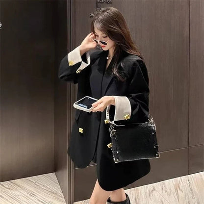 Unique Niche Black Double Breasted Women Blazer New Spring Autumn Office Commuter Mid Length Premium Light Luxury Suit Jacket