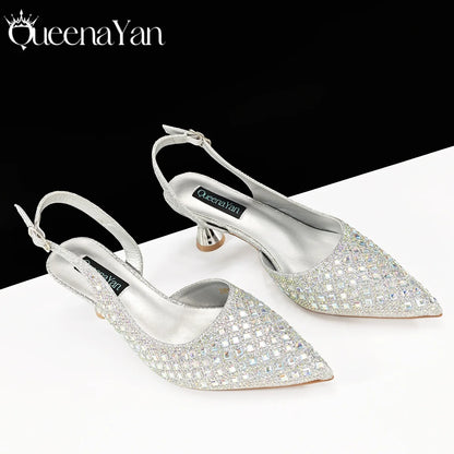 Coffee Color Elegant Lady Shoes And Bag Set with Full Rhinestone Embellished Pearls-knot And Comfortable Heel