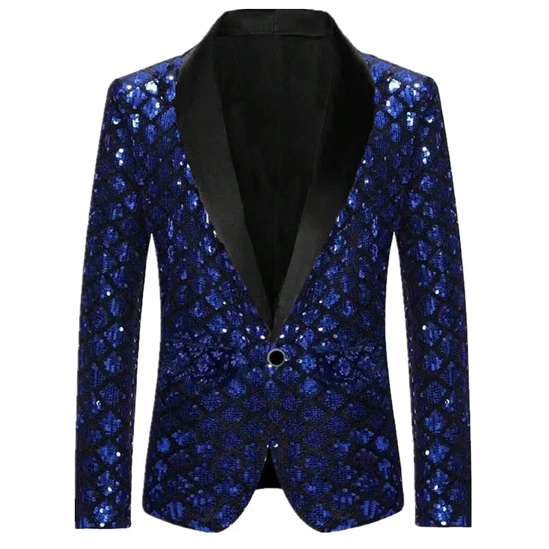 Men's Gold Suit Jacket, Wedding Party Dress Coat, Silver Blue Black Round Metallic Sequin Decoration Blazers.
