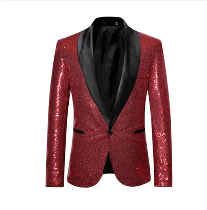2026 Men's Suit Jacket, Shiny Sequin Stage Performance Coat, White Silver Blue Red Purple Blazers V-neck Single Button S-XXL