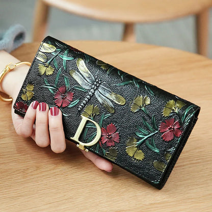 2025 New Genuine Leather Purse Wallet Female 3D Embossing Ladies Personality Retro Long Clutch Wallet Women Purse Coin Holders