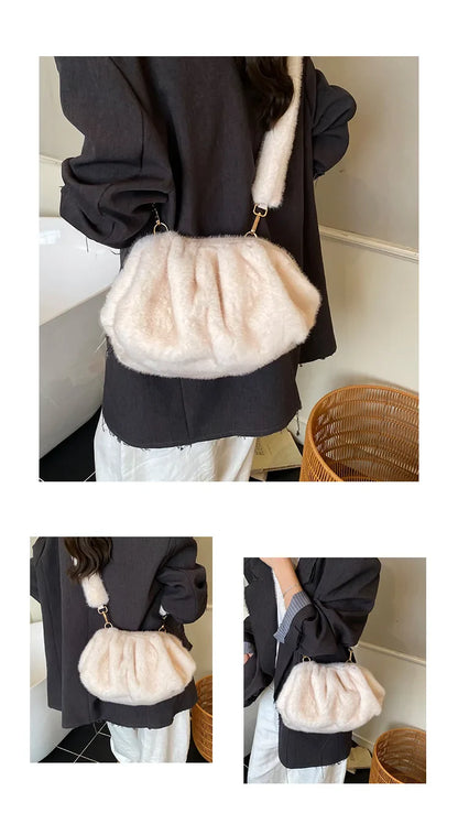 New Womens Shoulder Bag Fluffy Crossbody Bag Vintage Faux Fur Cloud Purse for Autumn Winter Commuting Simplified Storage Bags